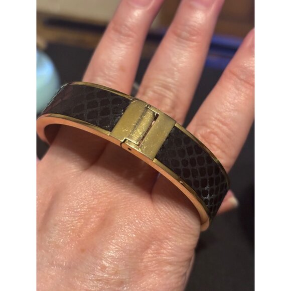 Michael Kors Python Embossed Leather Hinged Bangle Bracelet Golden Cuff - Picture 10 of 13